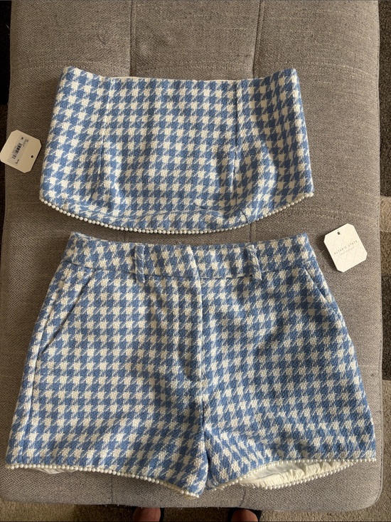 Altar'd State Pants - Altar'd State Blue and White Houndstooth High-Waist Shorts Set